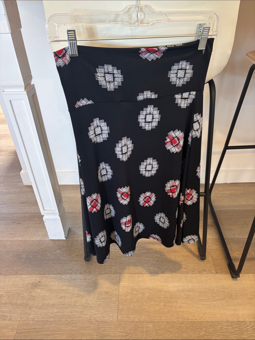LuLaRoe Black A-Line Skirt with Red and White Geo Motifs
